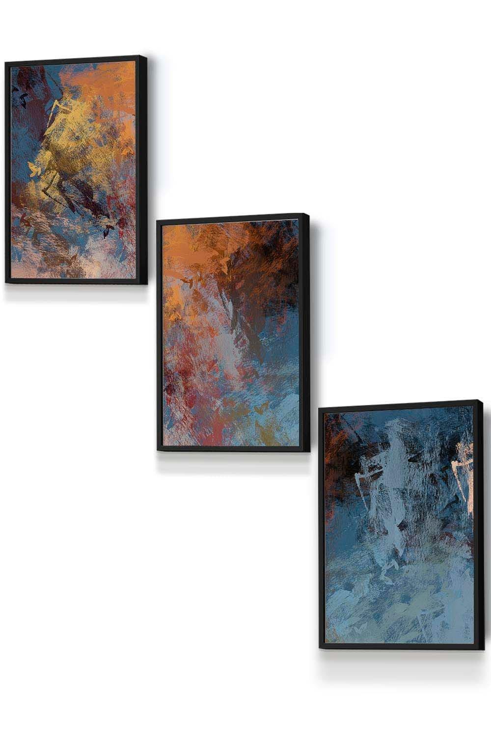 Set of 3 Black Framed Abstract Orange Blue Cerulean Dream Wall Art